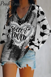 Game Day Soccer Mom Glitter Heart Pattern V-Neck Long Sleeve Tee