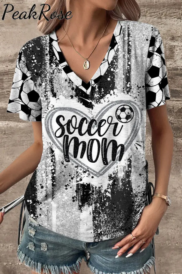 Game Day Soccer Mom Glitter Heart Pattern V-Neck T-Shirt T-Shirt