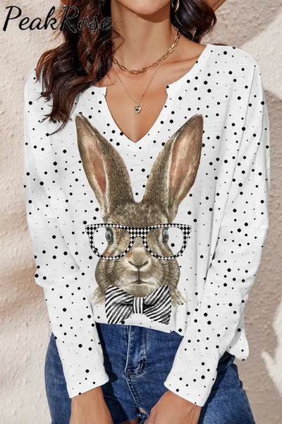 Gentleman Rabbit At Easter Day Mini V-Neck Loose Long Sleeve T-Shirt Fold V Neck