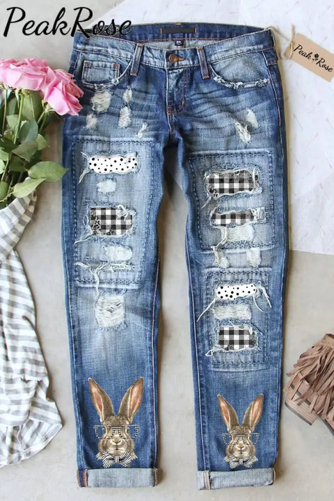 Gentleman Rabbit At Easter Day Print Ripped Denim Jeans