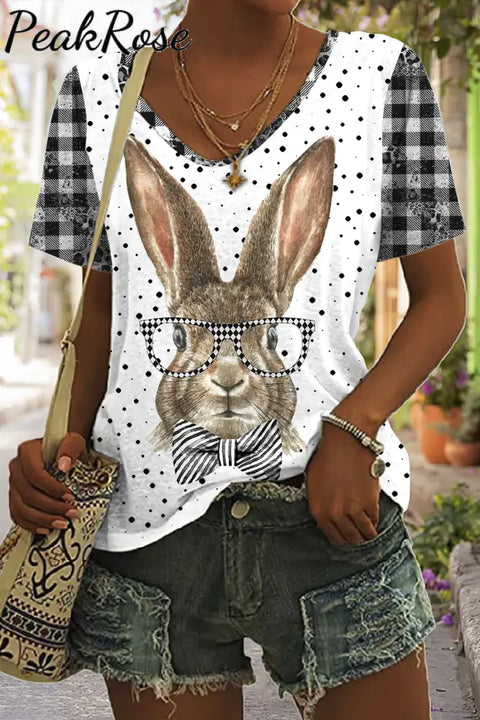 Gentleman Rabbit At Easter Day Print V-Neck T-Shirt T-Shirt