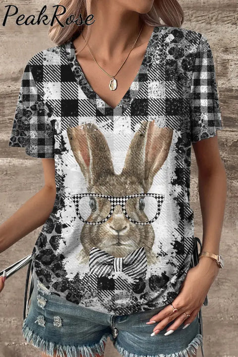 Gentleman Rabbit At Easter Day V-Neck T-Shirt