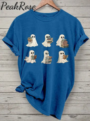 Ghost Reading Books Bookish Halloween Casual Print T-Shirt Blue / S Hot Sell