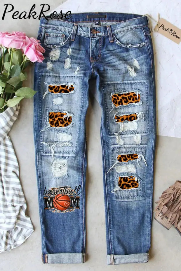 Gift For Basketball Lover Mom Leopard Print Denim Jeans Dark / S