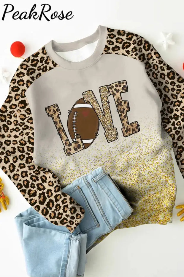 Gift For Mom Lover Football Glitter Leopard Print Bleached Sweatshirt