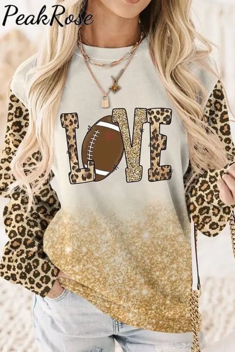 Gift For Mom Lover Football Glitter Leopard Print Bleached Sweatshirt S /