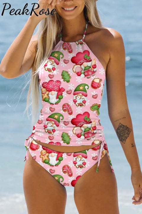 Gingerbread Gnome Jolly Christmas Print Bikini Swimsuit S