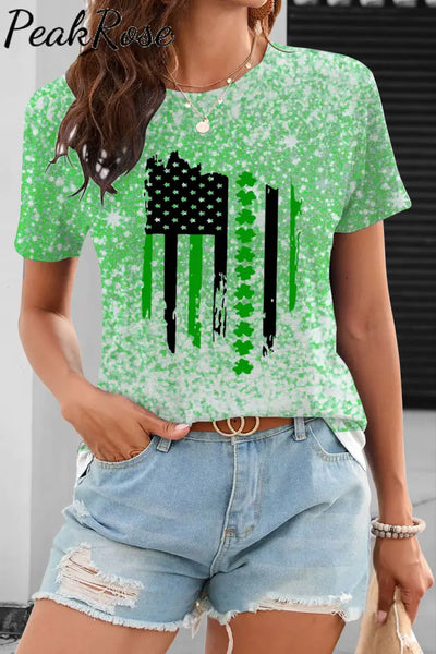 Glitter Background Textured Spotted Lucky Clover Striped Flag T-Shirt S / Green