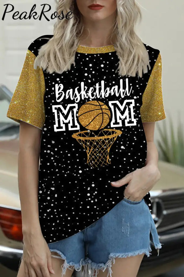 Glitter Basketball Mom Polka Dots Print Round Neck T-Shirt T-Shirt