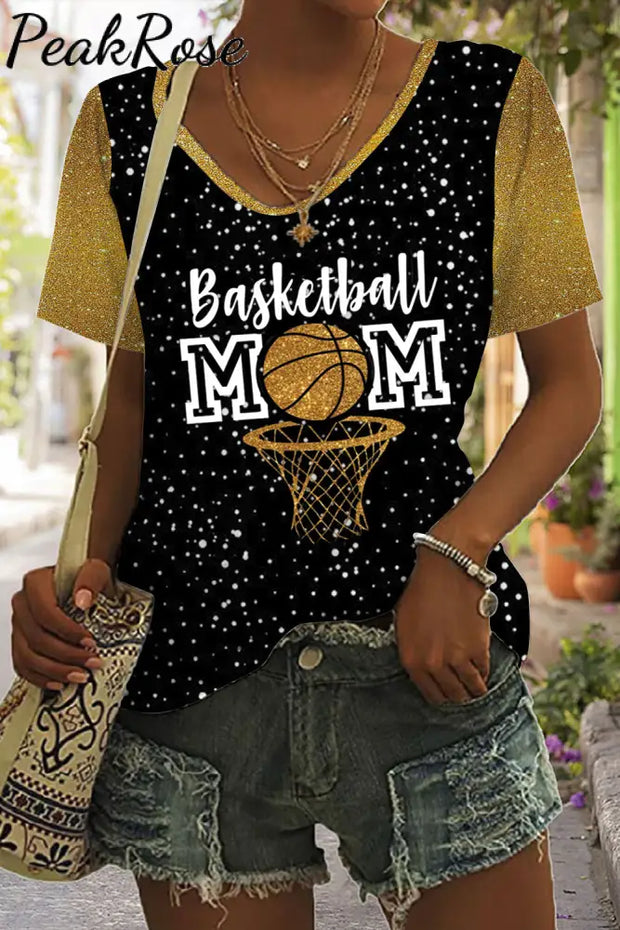 Glitter Basketball Mom Polka Dots Print V-Neck T-Shirt T-Shirt