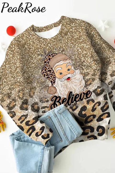 Glitter Christmas Believe Santa Print Sweatshirt