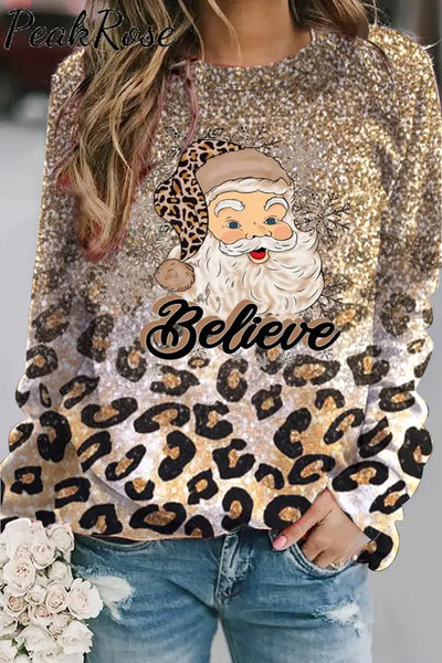 Glitter Christmas Believe Santa Print Sweatshirt S / Golden