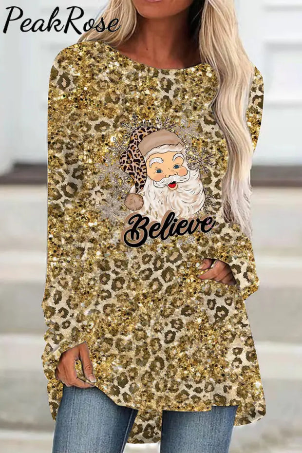 Glitter Christmas Believe Santa Print Tunic S / Photo Color