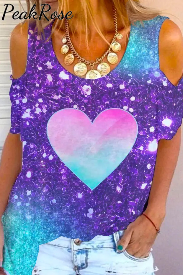 Glitter Colorful Heart Print Cold Shoulder T-Shirt T-Shirt