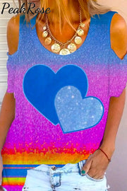 Glitter Colorful Heart Print Cold Shoulder T-Shirt T-Shirt