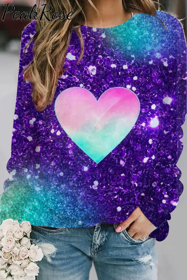 Glitter Colorful Heart Print Sweatshirt S