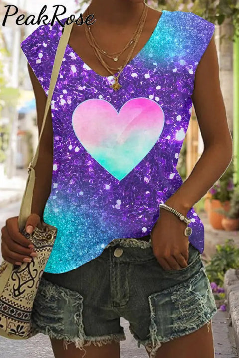 Glitter Colorful Heart Print Tank Top S / Photo Color V-Neck