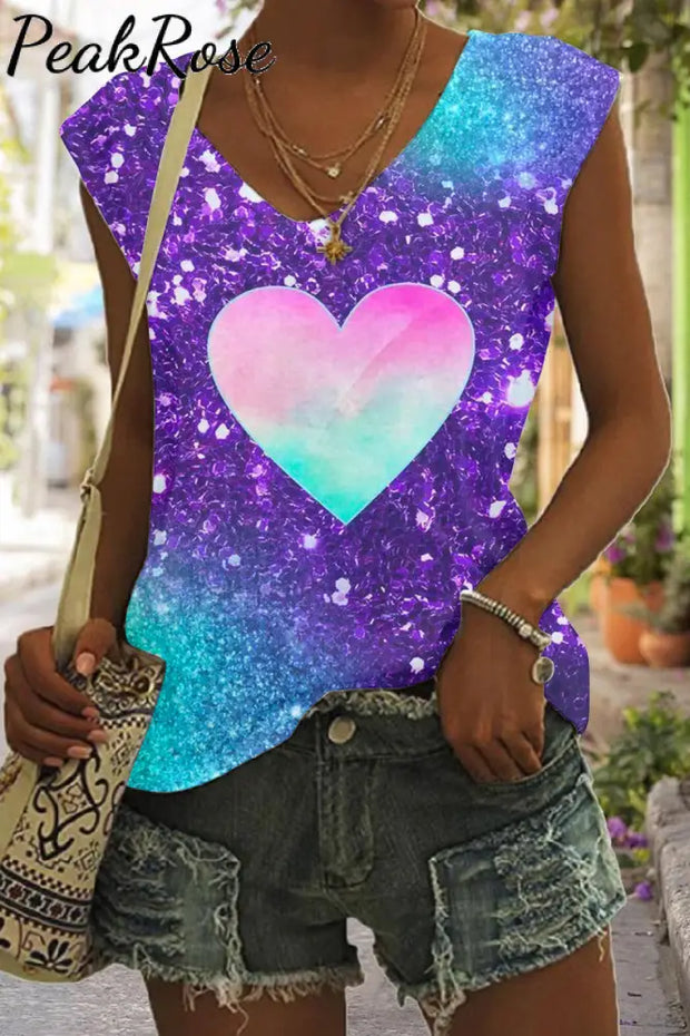 Glitter Colorful Heart Print Tank Top S / Photo Color V-Neck