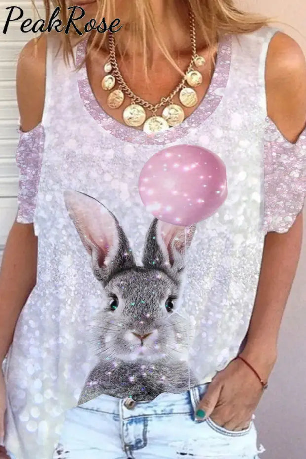 Glitter Cute Easter Bunny Holding A Pink Balloon Printed Cold Shoulder T-Shirt T-Shirt