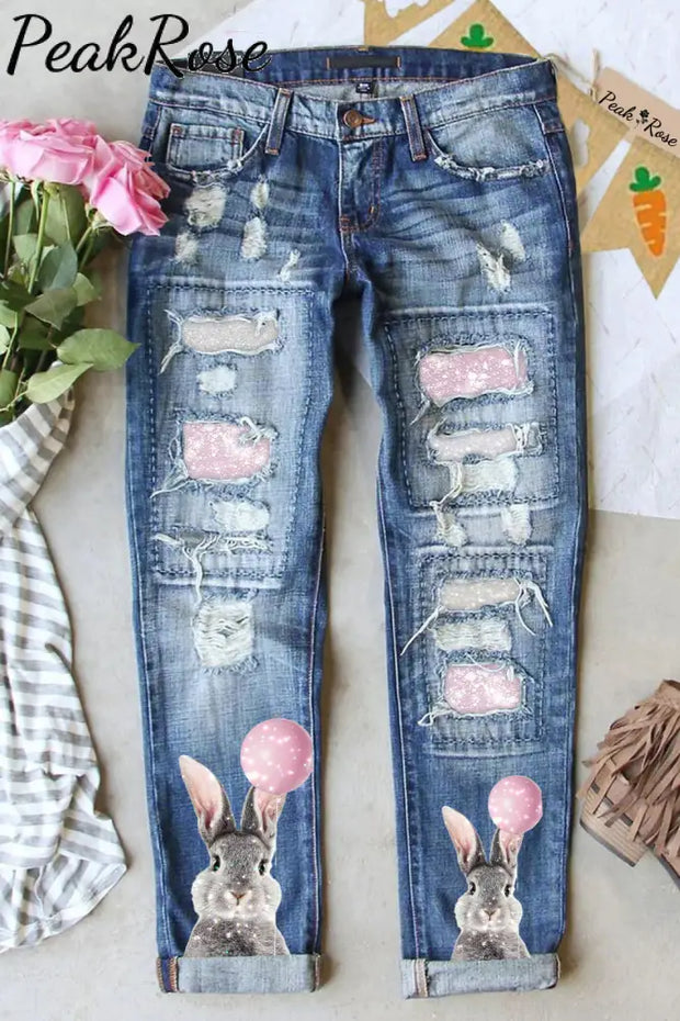 Glitter Cute Easter Bunny Holding A Pink Balloon Printed Ripped Denim Jeans S