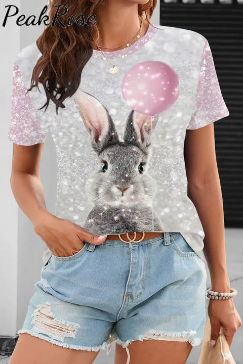 Glitter Cute Easter Bunny Holding A Pink Balloon Printed Round Neck T-Shirt T-Shirt