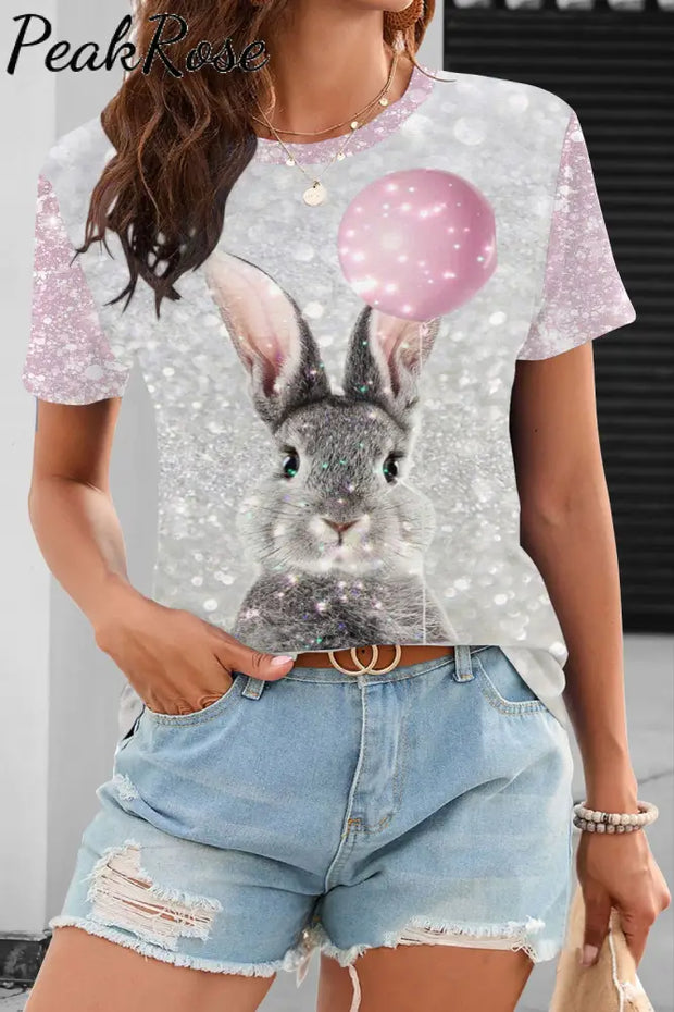 Glitter Cute Easter Bunny Holding A Pink Balloon Printed Round Neck T-Shirt S / T-Shirt