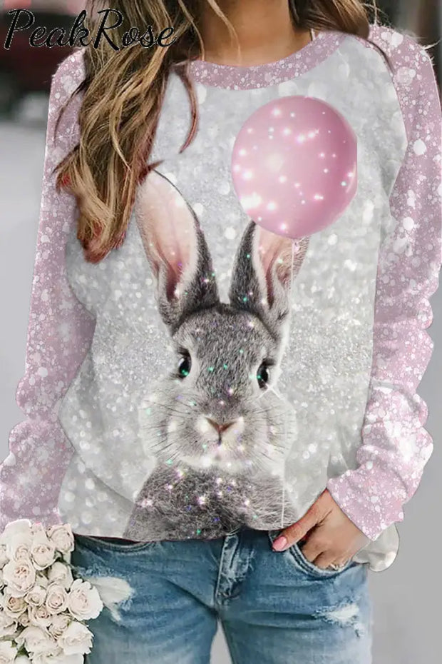 Glitter Cute Easter Bunny Holding A Pink Balloon Printed Sweatshirt S /