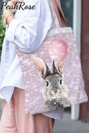 Glitter Cute Easter Bunny Holding A Pink Balloon Printed Tote Bag / 30*40 Cm