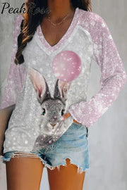 Glitter Cute Easter Bunny Holding A Pink Balloon Printed V-Neck Long Sleeve Tee