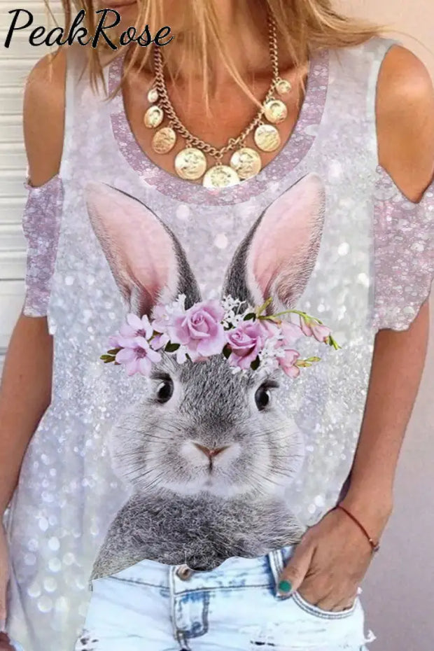 Glitter Cute Easter Bunny With Pink Wreath Printed Casual Cold Shoulder T-Shirt T-Shirt