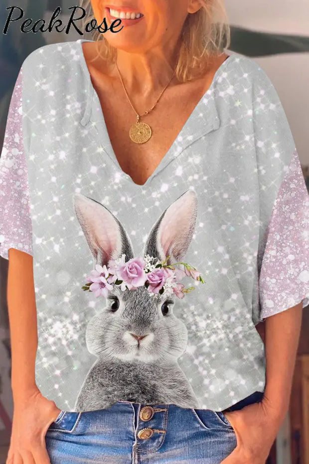 Glitter Cute Easter Bunny With Pink Wreath Printed Casual Dolman Sleeves Tee