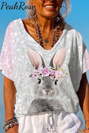 Glitter Cute Easter Bunny With Pink Wreath Printed Casual Dolman Sleeves Tee S / Photo Color