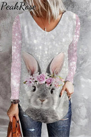 Glitter Cute Easter Bunny With Pink Wreath Printed Casual V Neck Long Sleeve T-Shirt T-Shirt