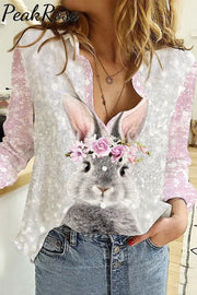 Glitter Cute Easter Bunny With Pink Wreath Printed Long Sleeve Shirt S / Photo Color Women