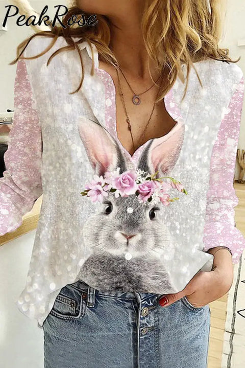 Glitter Cute Easter Bunny With Pink Wreath Printed Long Sleeve Shirt S / Photo Color Women