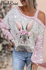 Glitter Cute Easter Bunny With Pink Wreath Printed Off-Shoulder Blouse