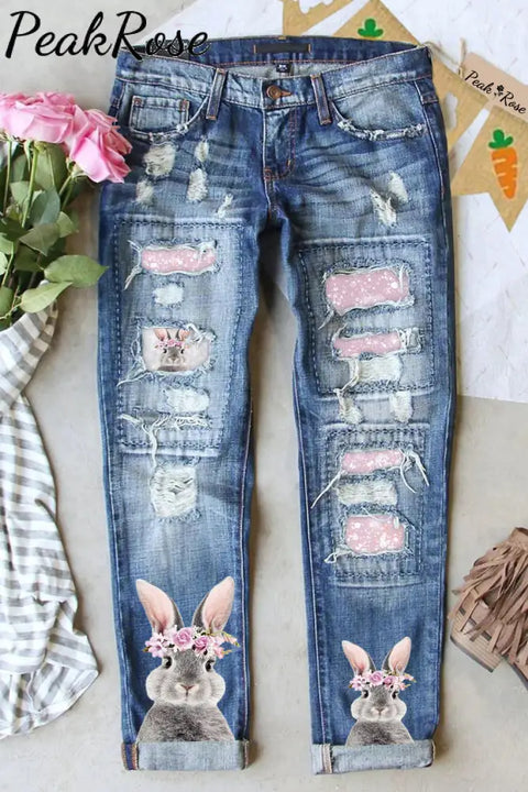 Glitter Cute Easter Bunny With Pink Wreath Printed Ripped Denim Jeans S