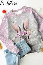 Glitter Cute Easter Bunny With Pink Wreath Printed Sweatshirt