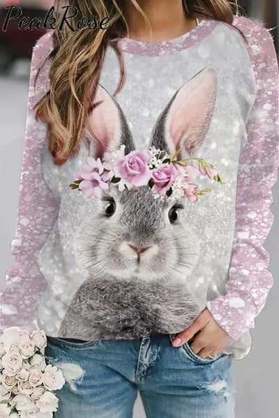 Glitter Cute Easter Bunny With Pink Wreath Printed Sweatshirt S /