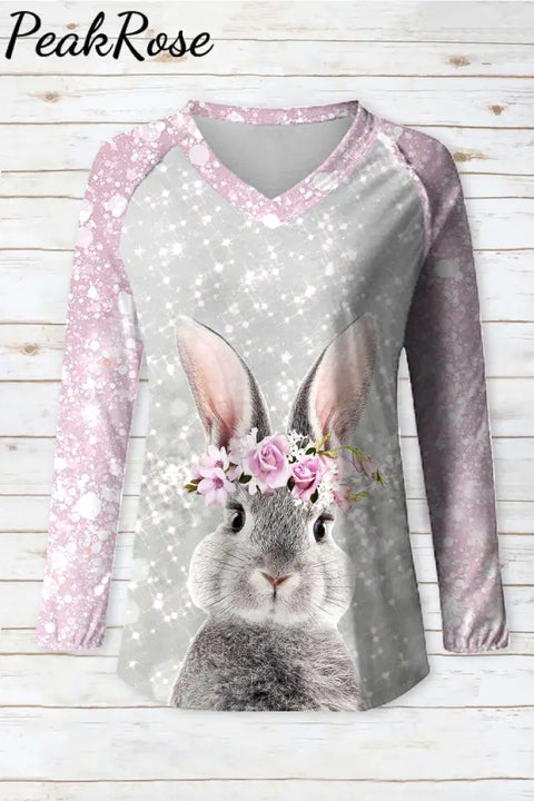 Glitter Cute Easter Bunny With Pink Wreath Printed V-Neck Long Sleeve Tee