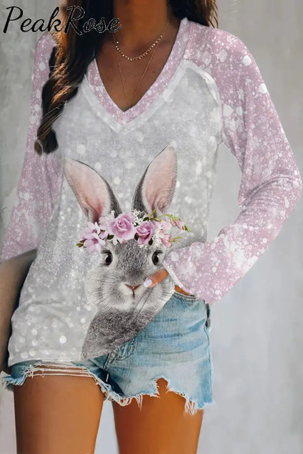 Glitter Cute Easter Bunny With Pink Wreath Printed V-Neck Long Sleeve Tee