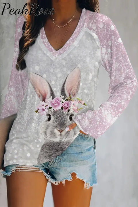 Glitter Cute Easter Bunny With Pink Wreath Printed V-Neck Long Sleeve Tee S / Photo Color