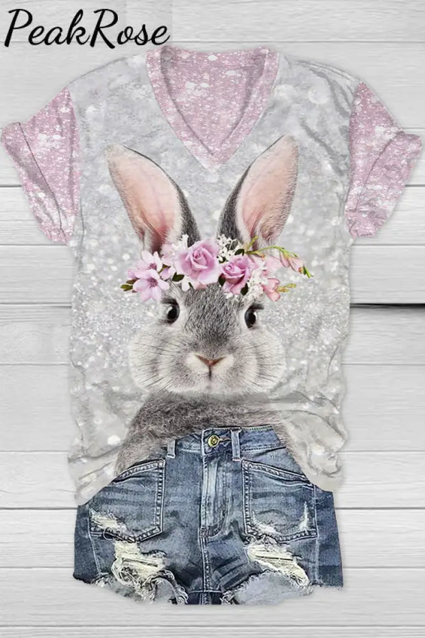 Glitter Cute Easter Bunny With Pink Wreath Printed V Neck Short Sleeve T-Shirt