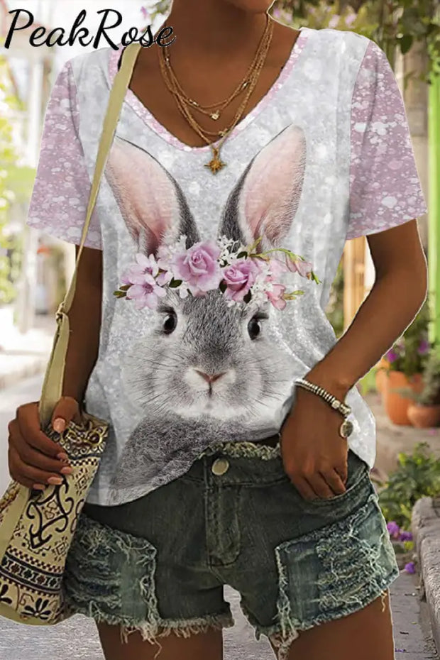 Glitter Cute Easter Bunny With Pink Wreath Printed V Neck Short Sleeve T-Shirt S /