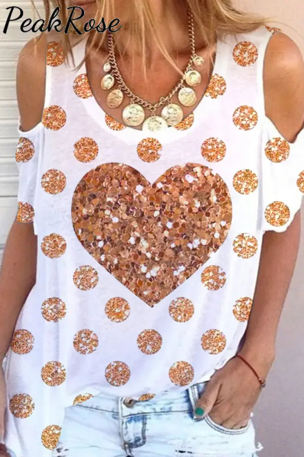 Glitter Golden Heart Polka Print Cold Shoulder T-Shirt T-Shirt