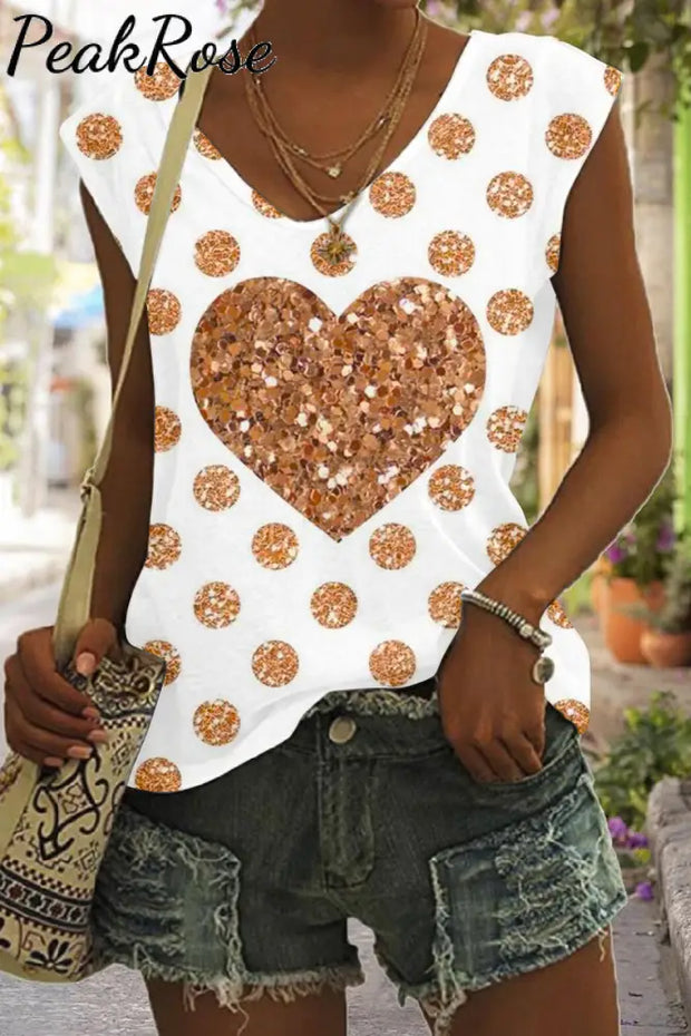 Glitter Golden Heart Polka Print Tank Top S / Photo Color V-Neck