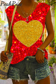 Glitter Golden Heart Print Tank Top S / Photo Color V-Neck