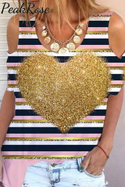 Glitter Golden Heart Striped Print Cold Shoulder T-Shirt T-Shirt