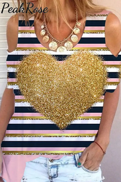 Glitter Golden Heart Striped Print Cold Shoulder T-Shirt S / Photo Color T-Shirt