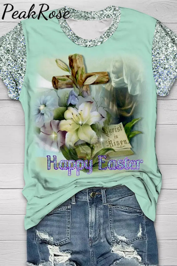 Glitter Happy Easter Cross & Lilies Round Neck T-Shirt T-Shirt